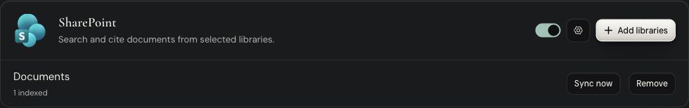 Connected document library with its indexed-file count and Sync now button.